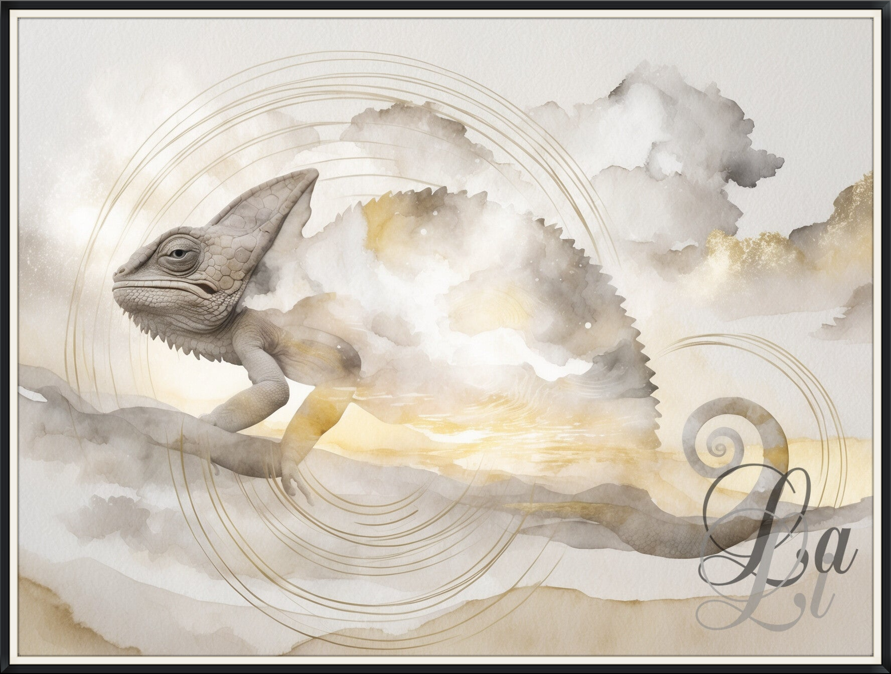 Ethereal artwork of a chameleon surrounded by clouds and golden light — symbol of transformation, adaptability, and divine connection.