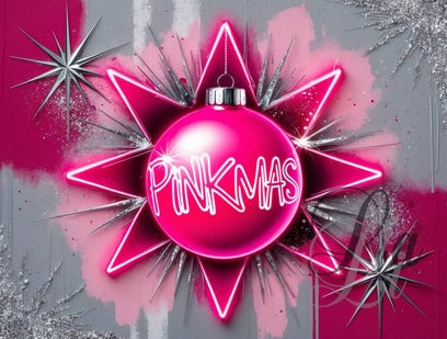 Neon Pinkmas Bauble β modern Christmas ornament in vibrant neon pink with silver stars and sparkling details, moderne kerstbal kunst.