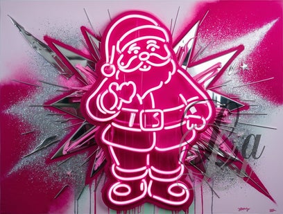 Neon Pinkmas Santa β bold modern Christmas art in vibrant neon pink with silver accents and explosive background, moderne kerstman kunst