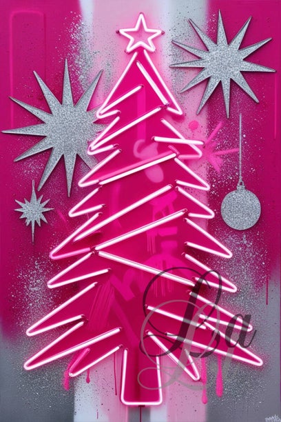 Neon Pinkmas Tree β modern Christmas art in vibrant neon pink with silver stars and festive glow, moderne kerstboom kunst.