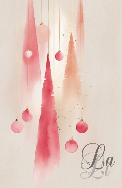 Serenity Pinkmas Trees β elegant watercolor Christmas art with pink tones, golden accents and festive ornaments, serene kerstbomen kunst