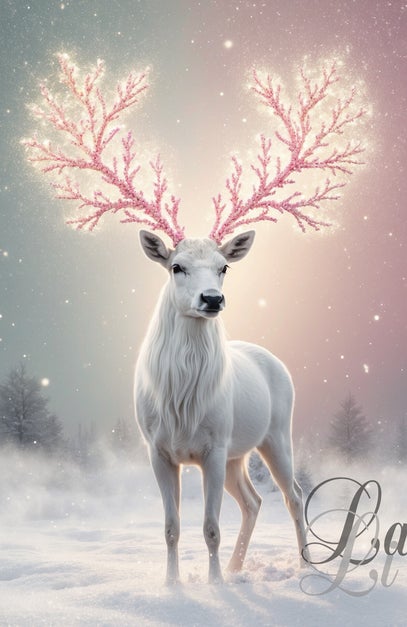 Surreal Pinkmas Reindeer β magical modern Christmas art featuring a white stag with sparkling pink antlers in a dreamy snowy scene, dromerig kerst hert kunst.