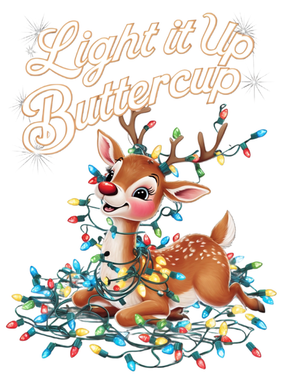 Light It Up Buttercup β cheerful reindeer Christmas art wrapped in colorful lights, vrolijk rendier kerst illustratie