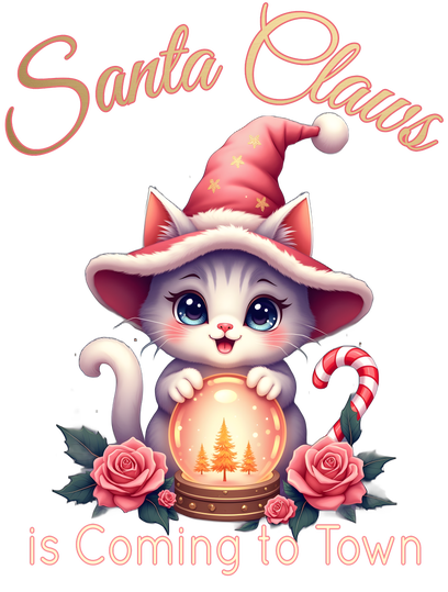 Santa Claws Is Coming to Town β funny Christmas cat art with Santa hat and festive details, grappige kerst kat illustratie