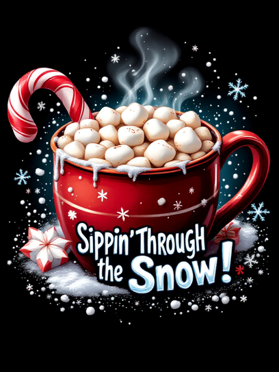 Sippinβ Through the Snow β cozy Christmas cocoa art with marshmallows and snowflakes, warme chocolademok kerst kunst