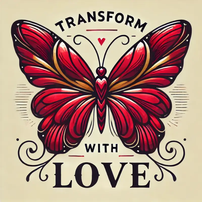 Transform with Love – crimson butterfly heart design symbolizing transformation and romance, elegant Valentine artwork for shirts, mugs, and gifts