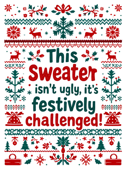 This Sweater Isnβt Ugly, Itβs Festively Challenged β quirky holiday text design with fun Christmas humor, grappige kerst tekst kunst