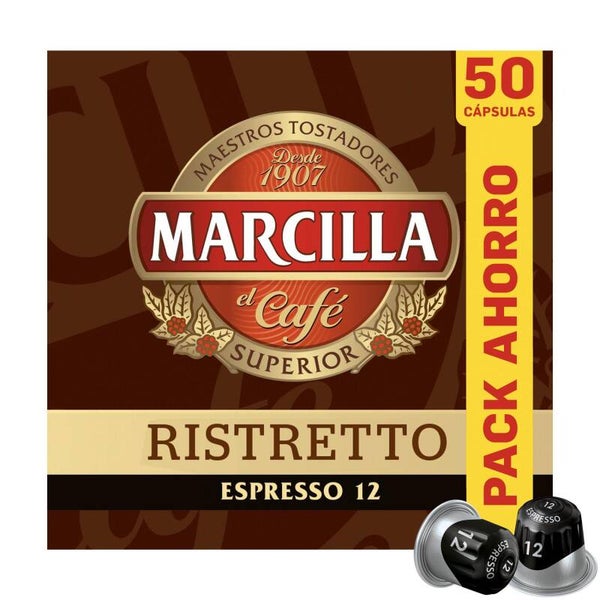 Café cápsulas ristretto Marcilla compatible con Nespresso 50 ud.Intensidad 12