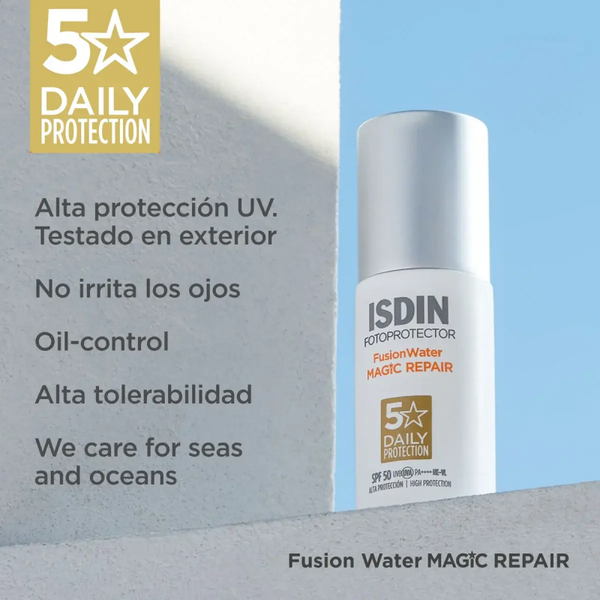 ISDIN FOTOPROTECTOR 50 ml  Fusion Water MAGIC Repair SPF 50 Protector solar facial de uso diario con triple acción anti-edad