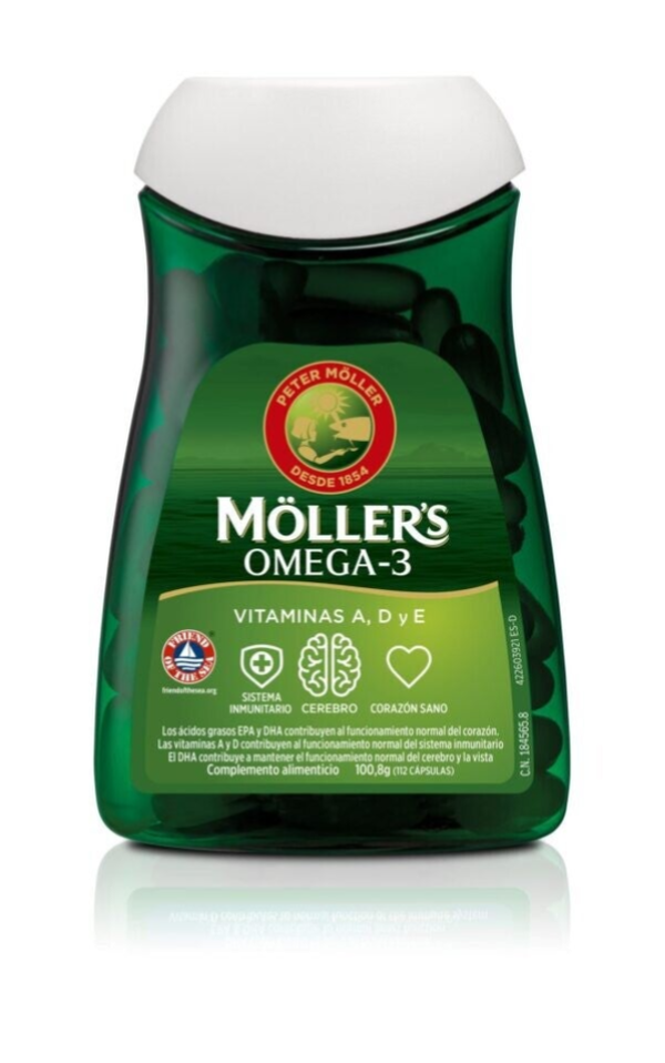 Möller’s Omega-3 ,112 Cápsulas de aceite de pescado omega-3 suaves y fáciles de tragar con vitaminas A, D y E.