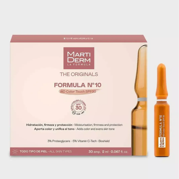 MARTIDERM Ampollas FORMULA Nº10 HD Color Touch SPF 30 (9) Las ampollas FORMULA Nº10 HD Color Touch DPF 30 son la fórmula todo-en-uno que hidrata, reafirma, protege y unifica el tono, con un efecto buena cara inmediato.  Con vitamina C-Tech y proteoglicano