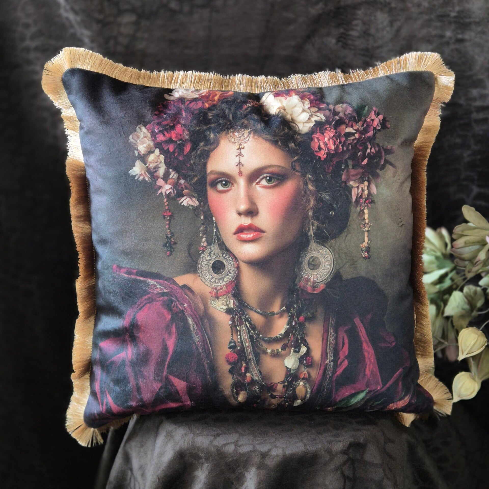 Luxe Velourse Kussenhoes met Artistieke Vrouwenportret