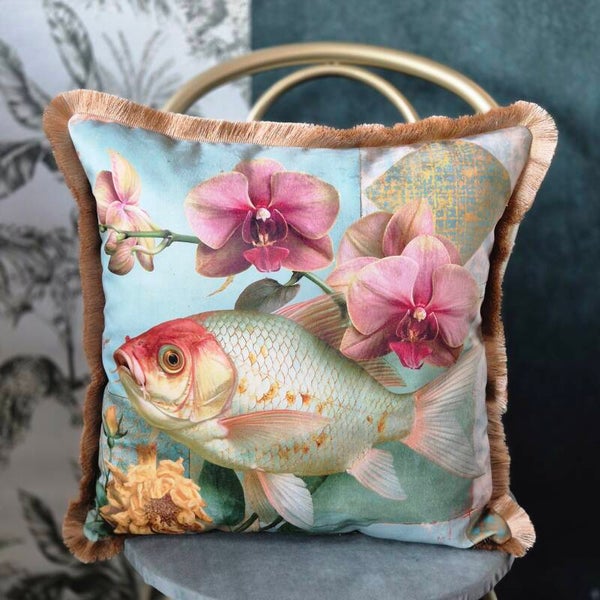 Luxe Velours Sierkussen Vis & Orchidee -  Handgemaakt Kussen met gouden franje