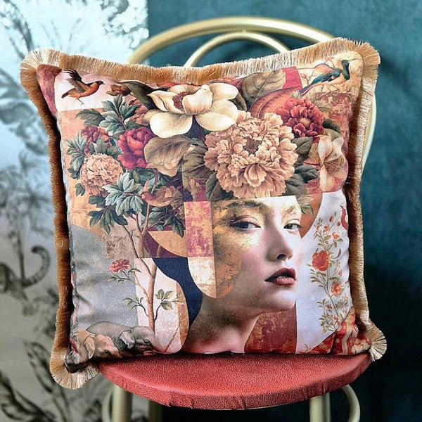 Handgemaakt Velours Sierkussen - Bloemenportret met Gouden Franje