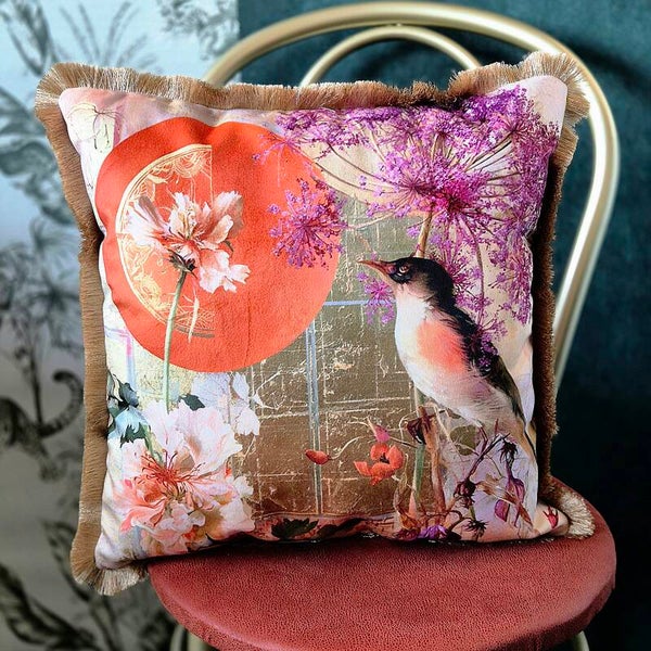Luxe Velours Sierkussen Vogel & Bloemen - Warm Oranje, Roze & Goud met franjes