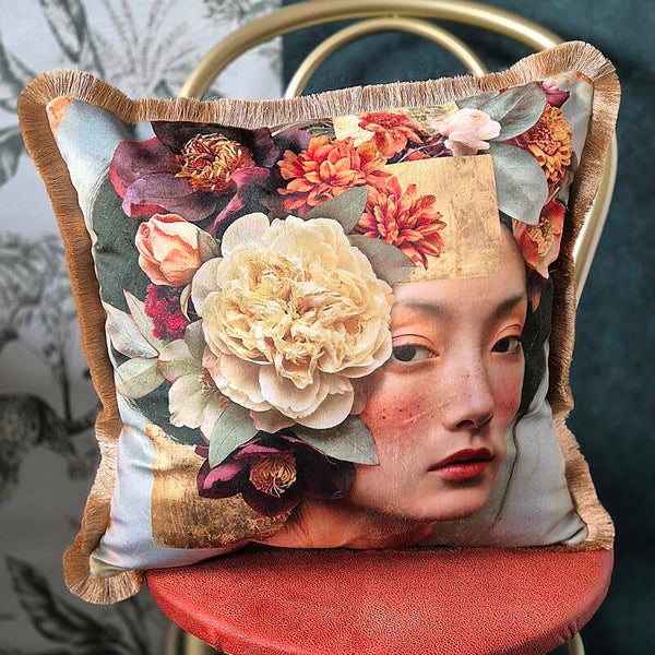 Fluwelen Kussen "Botanical Elegance" met Gouden franje