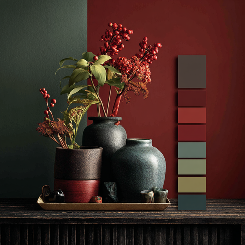 moodboard van burgundy, groen en bruine kleuren