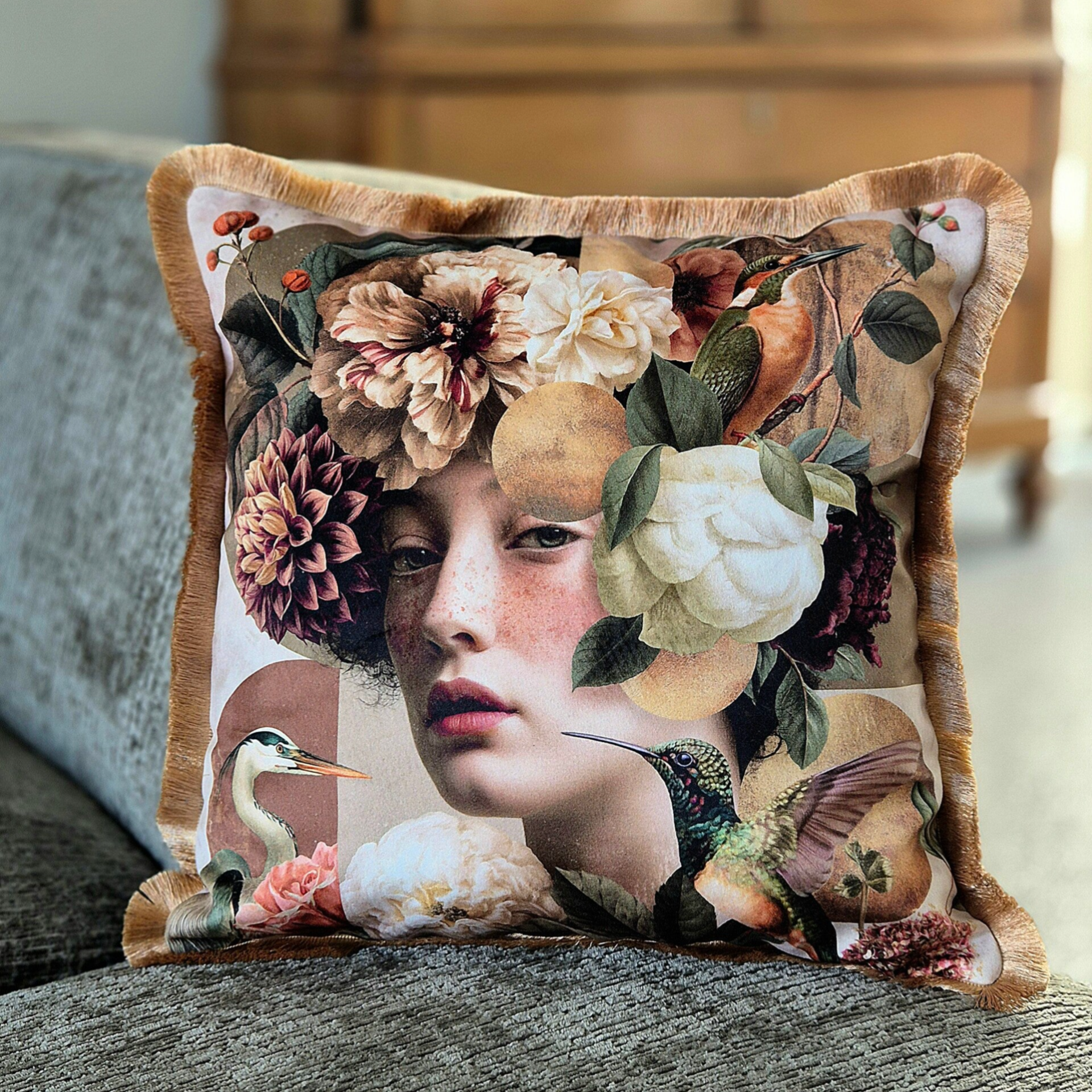 Sierkussen met een unieke print van een vrouwenportret, omgeven door weelderige bloemen en vogels. Het kussen is afgewerkt met goudkleurig franje