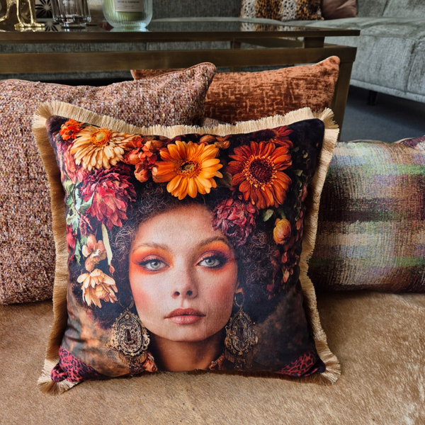 Luxe velvet kussenset "Bohemian Muse"met goudfranje