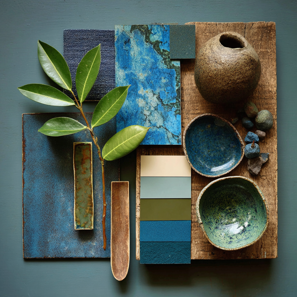 moodboard met de kleuren groen, blauw en bruin