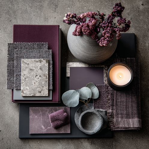 moodboard met grijze en paarse kleuren
