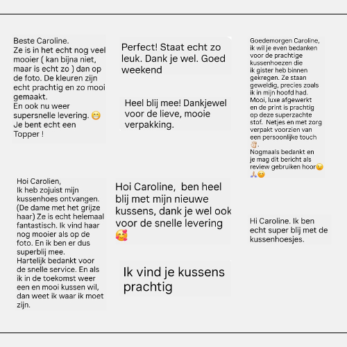 collage met lieve reviews van klanten die mijn kussenhoezen besteld hebben en die ze erg mooi vinden en hun waardering uitspreken naar mij