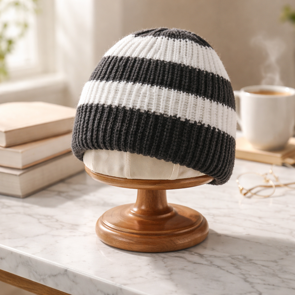 Luminda Mütze „Streifenklassik“ – Schwarz-Weiß gestrickt, kuschelig warm