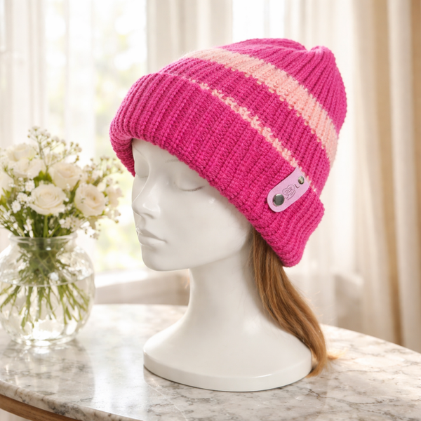 Strickmütze in Pink & Rosa gestreift – kuschelig weich