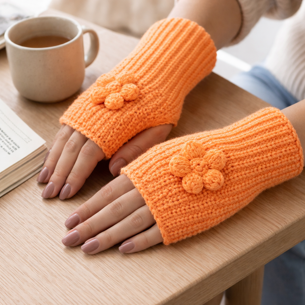 Handstulpen in Orange mit Blume – sehr kuschelig