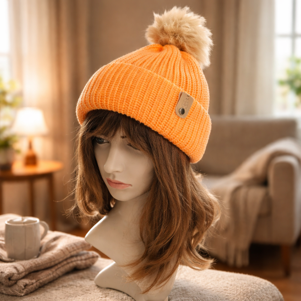 Kuschelige Strickmütze in Orange mit braunem Bobbel