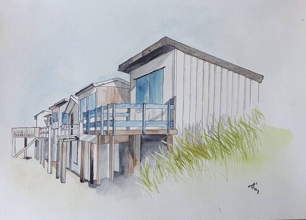 Cabanes de plage de Blériot - Aquarelle originale