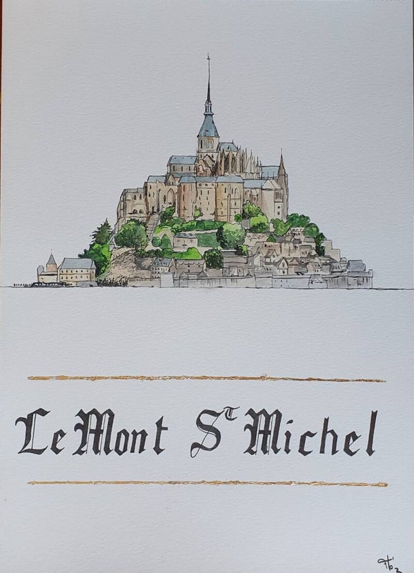 Le Mont Saint-Michel - Aquarelle originale finition feuille d'or