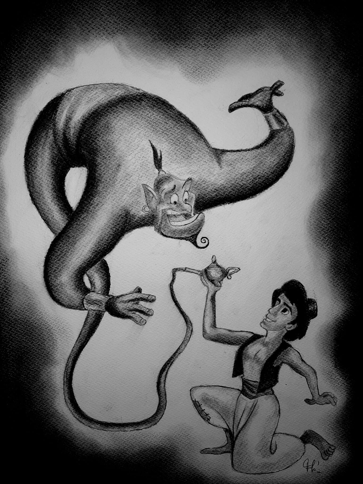 Aladin et le génie - Pierre noire sur papier A3