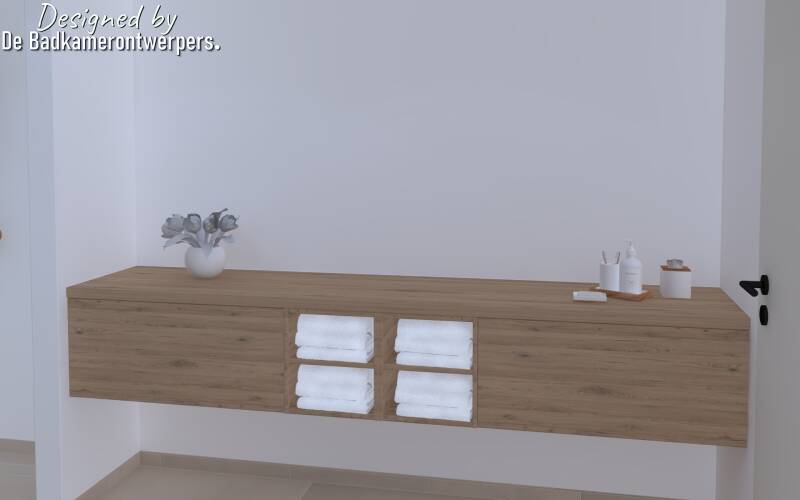 Badkamer Ontwerpen - Vrijstaande woning Maastricht - Stijl Basic Design - 16 m2 - Zijaanzicht vrijhangende lage kast