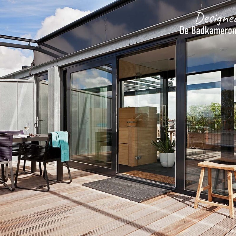Ontwerp sauna penthouse Amsterdam - sauna volledig transparant met uitzicht over de stad