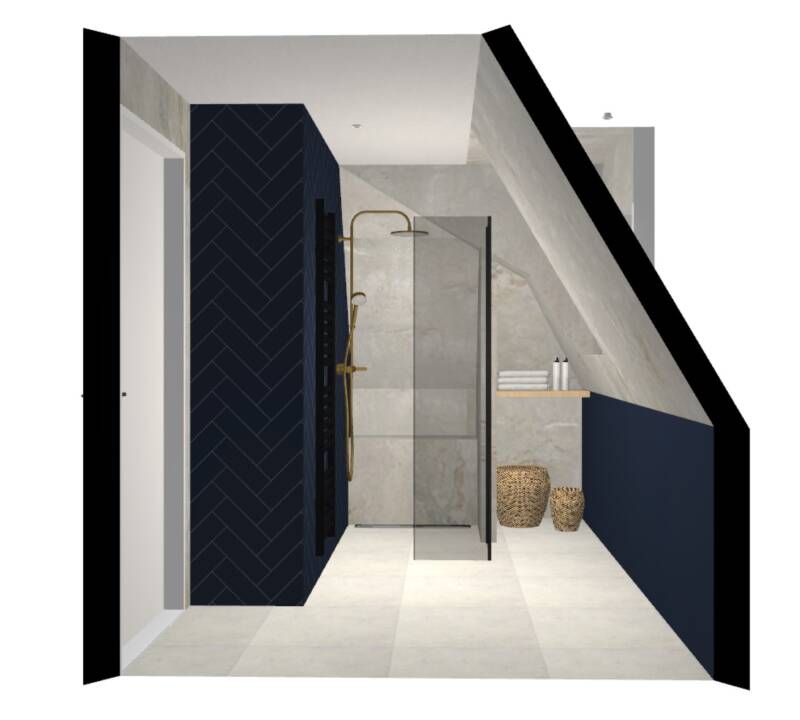 Badkamer Ontwerpen - Dubelwoning Den Haag - Stijl Basic / Bohemian / Natuur / Romantiek- 7,34 m2 - Zijaanzicht gouden kranen