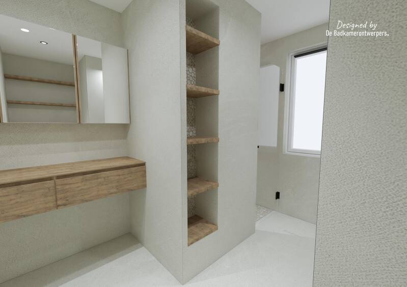 Badkamer Ontwerpen - Dubelwoning Lemmer - Stijl Design - 8,39 m2 - Zijaanzicht nis met schappen