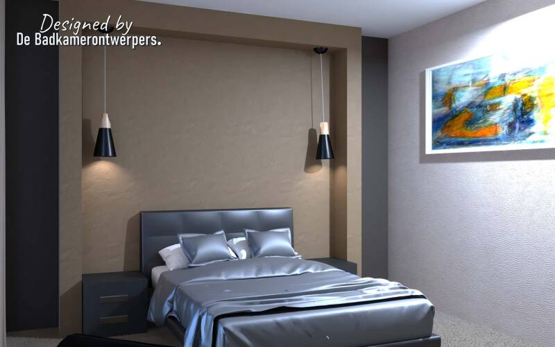 Badkamer-Slaapkamer en suite  Ontwerpen - Vrijstaande woning Hansweert - Stijl design / natuur - 25,31 m2 - aanzicht bed en lampen