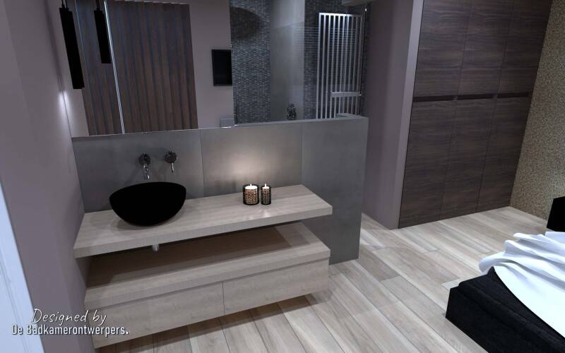 Badkamer Slaapkamer en suite - zijaanzicht badmeubel en spiegel