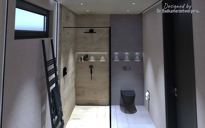 Ontwerp Badkamer - zijaanzicht douche en toilet en plafond. De badkamerontwerpers