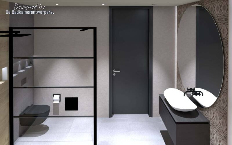 Ontwerp Badkamer - zijaanzicht douche en toilet en wastafel