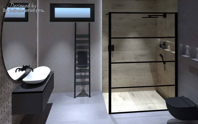 Ontwerp Badkamer - zijaanzicht douche en toilet en wastafel en radiator