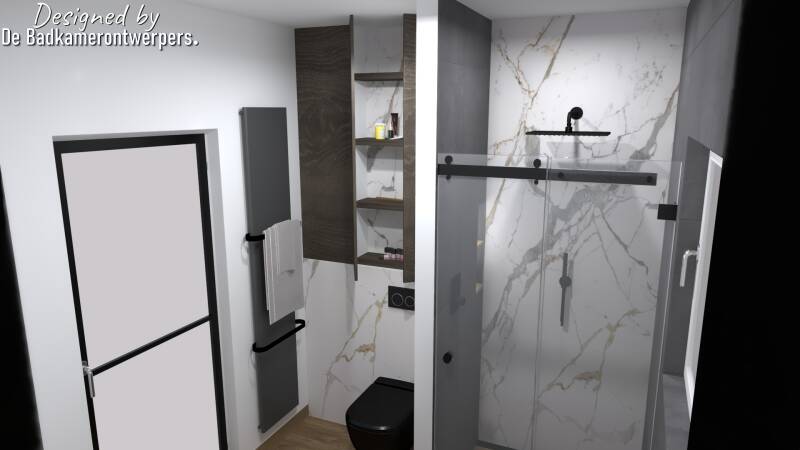 Badkamer met marmer tegels in douche