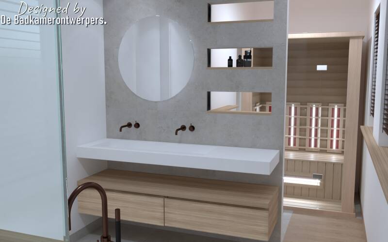 Ontwerp Wellnessbadkamer Zevenhuizen - zijaanzicht  vrijstaand bad en dakkapel