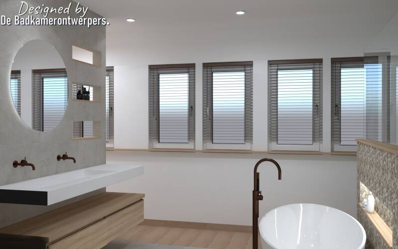 Ontwerp Wellnessbadkamer Zevenhuizen - zijaanzicht  complete badkamer met IR cabine