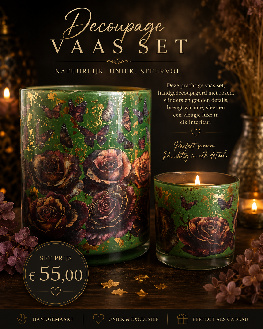 Vazen set bloemen en vlinder