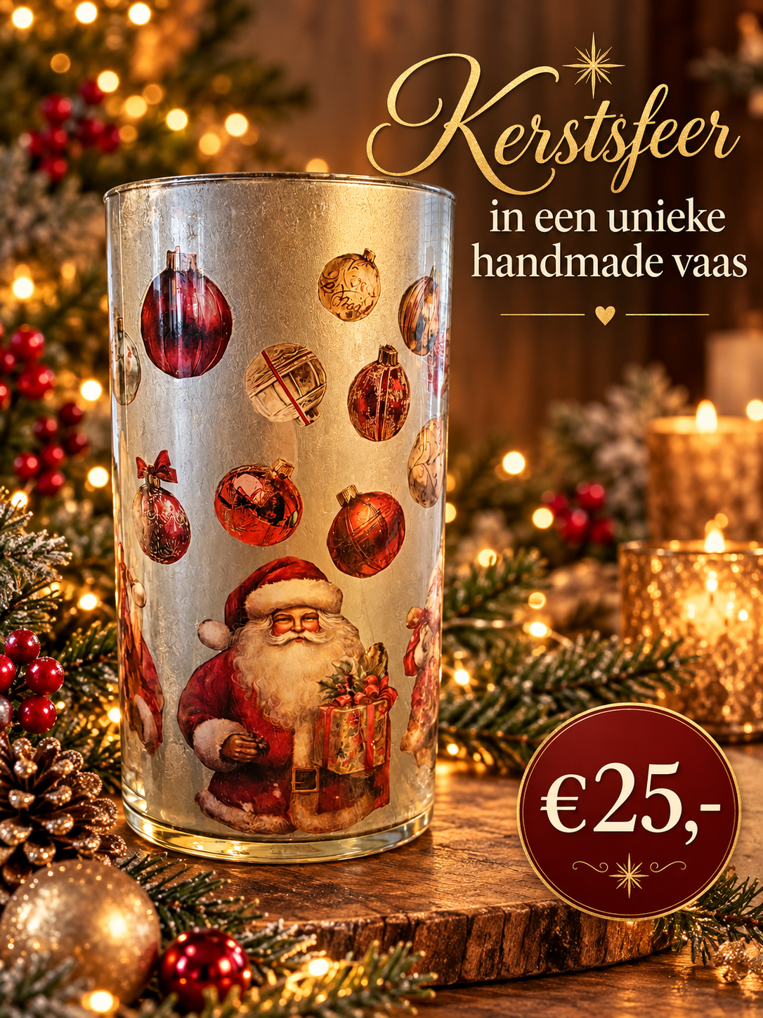 Prachtige handgedecoreerde kerstvaas
