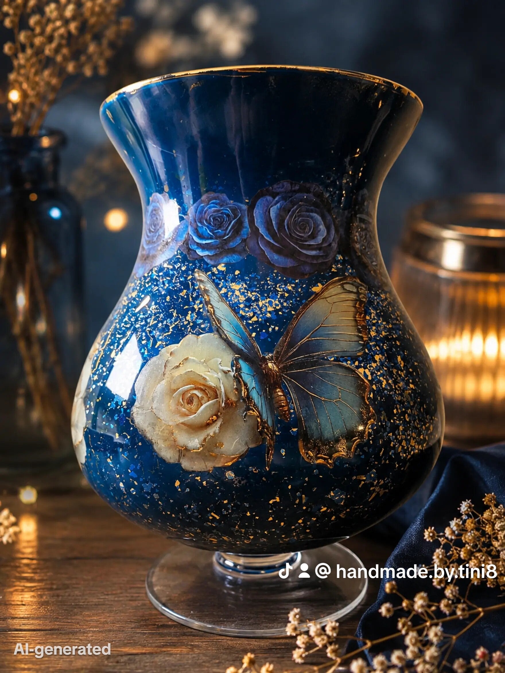 vaas met blauwe rozen en vlinders