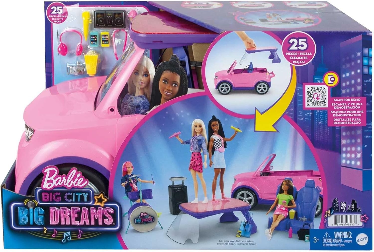 Barbie Big City Big Dreams véhicule Concert Transformable pour poupée, Voiture avec 20 Accessoires, Jouet pour Enfant dés 3 ans
