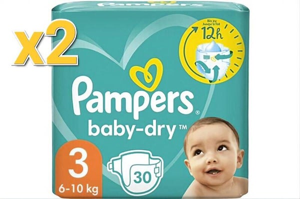 Pampers Baby Dry taille 3 - lot de 2 Pack 30 Couches 6-10 kg couches bébé